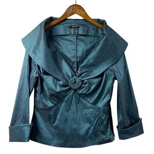 Samuel Dong Shiny Rosette Top Blouse Party Large Teal